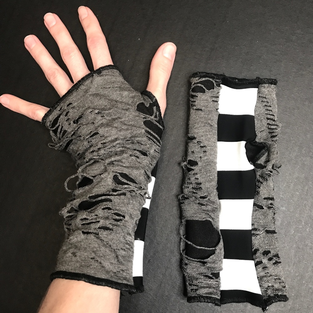 Upcycled Gloves Black Mummy Hand Warmers Gray Striped Arm Covers Mens Zombie Y2k